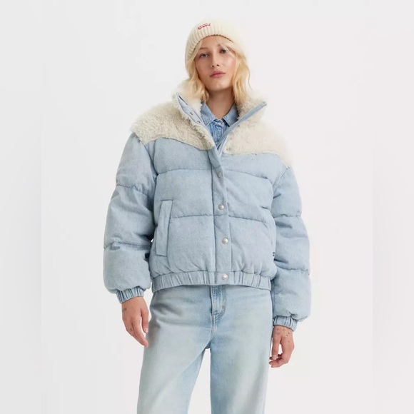 Levi’s Juno Western Down Crop Chambray Sherpa Puffer Light Denim Coat Sz XS